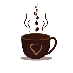 Cup of hot coffee with coffee beans.White background
