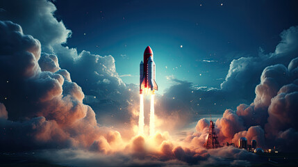 Spaceship takes off into the night sky on a mission. Rocket starts into space - obrazy, fototapety, plakaty