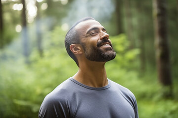 closeup portrait of sportsman in park with eyes closed breathing fresh