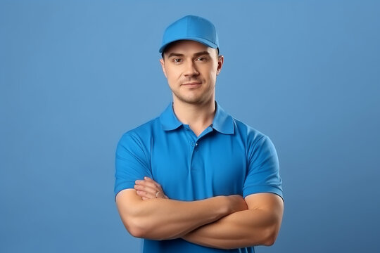 young handsome delivery man in blue uniform and cap looking confident smiling friendly arm crossed