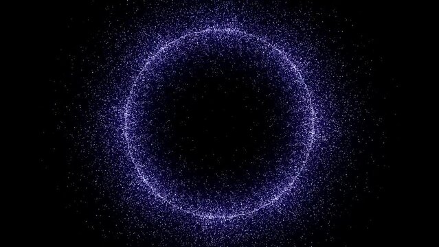 Glowing ring of blue particles on dark background. Abstract animation use vertically and horizontally. Can be used with the screen blend mode or add .