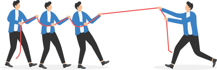 Business professionals in tug of war with three men on one side of rope and one man in command on opposite side. Vector illustration on organizational development training concept.

