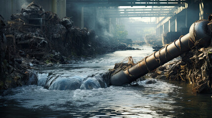 Wastewater pollution, industrial pipe, sewage, dirty water leakage into the river - obrazy, fototapety, plakaty