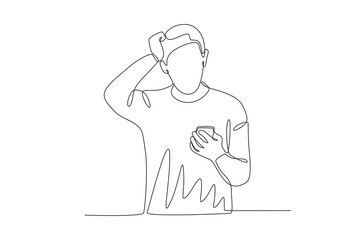 A dizzy man playing cellphone. Mobile phone addiction one-line drawing