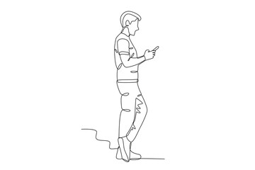 A man addicted to playing cell phones. Mobile phone addiction one-line drawing