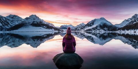 Besinnliche Frau genießt den Sonnenuntergang am Bergsee, Generative AI