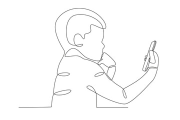 A boy playing mobile phone. Mobile phone addiction one-line drawing
