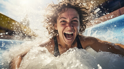 A happy woman riding on the water slide in the waterpark. - obrazy, fototapety, plakaty
