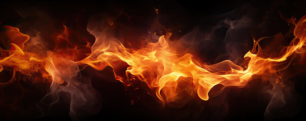 Fire flames on black wide background. - Powered by Adobe