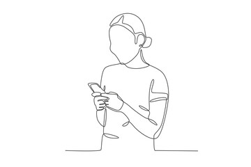A woman chats with her friend on social media. Mobile phone addiction one-line drawing