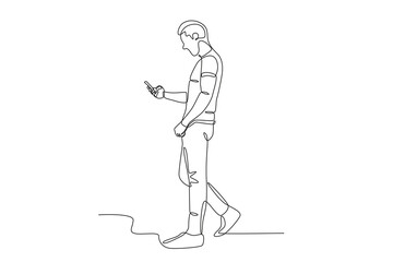 Side view of a man using a cellphone. Mobile phone addiction one-line drawing