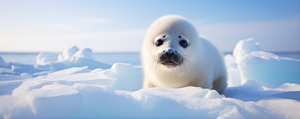 seal on ice near cold water. - obrazy, fototapety, plakaty