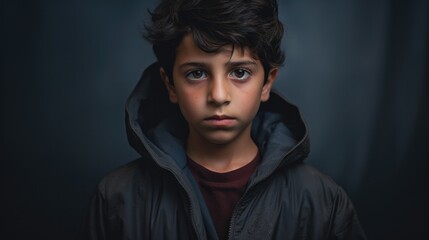 Portrait of victim of war conflict poor orphan refugee prisoner migrant child