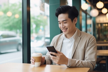 smiling asian man using smartphone at cafe table