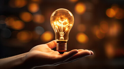 hand holding light bulb. idea concept with innovation and inspiration - obrazy, fototapety, plakaty