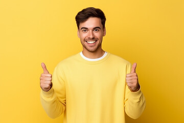 portrait of happy man showing thumbsup in approval like something or agree standing over yellow