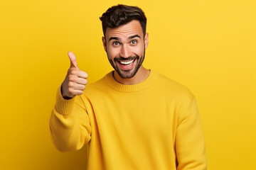 portrait of happy man showing thumbsup in approval like something or agree standing over yellow