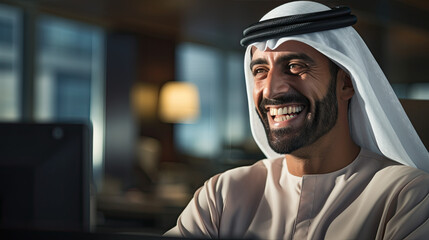 Happy Emirati Arab at office wearing Kandura - obrazy, fototapety, plakaty