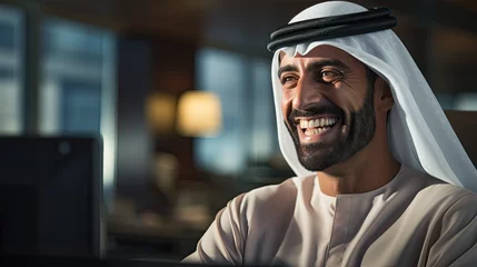 Cercles muraux Abu Dhabi Happy Emirati Arab at office wearing Kandura