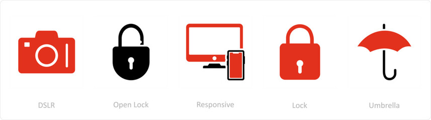 A set of 5 Business icons as dslr, open lock, responsive