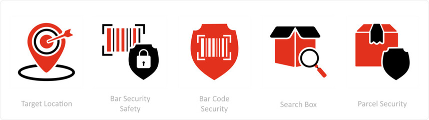 A set of 5 Business icons as target location, bar security safety, bar code security