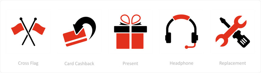 A set of 5 Business icons as cross flag, card cashback, present
