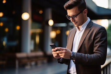 young handsome man in formal wear checking news on smartphone while holding takeaway coffee