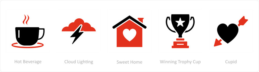 A set of 5 Business icons as hot beverage, cloud lightning, sweet home