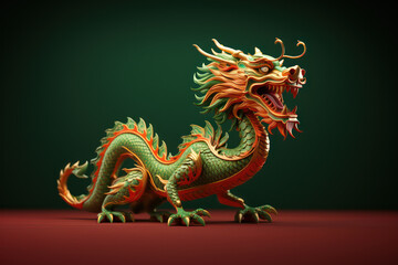 Fototapeta premium Green wooden dragon 3d art. Chinese New Year 2024. Festive 3d illustration in Chinese traditional style. Chinese Dragon Figurine isolated on dark solid background