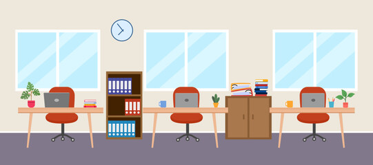 Office interior in flat design. Modern business workspace with office furniture: chair, desk, computer, books, clock on the wall and window.