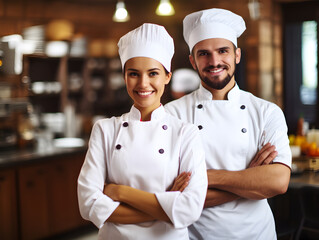 Portrait of two man and woman chefs with smile in restaurant
