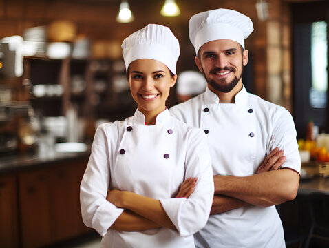 Portrait of two man and woman chefs with smile in restaurant