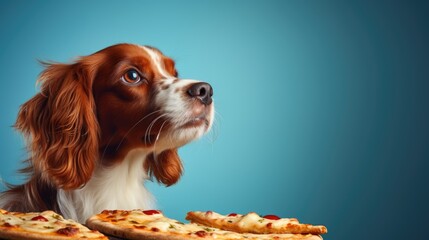 A cute dog with pizza slices on a blue background.