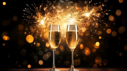 champagne or sparking wine glasses clinking golden firework pyro - obrazy, fototapety, plakaty