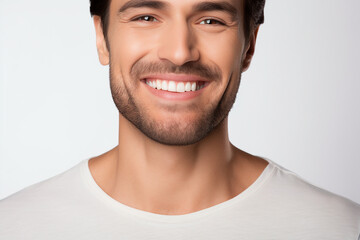 portrait handsome man with dark hairstyle bristle and toothy smile dressed in white sweatshirt