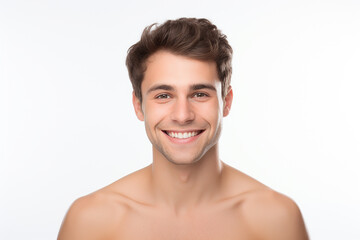 portrait of young shirtless man smiling and looking at camera standing against white background