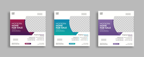 real estate social media post design, real estate elegant home for sale or square web banner cover design template	