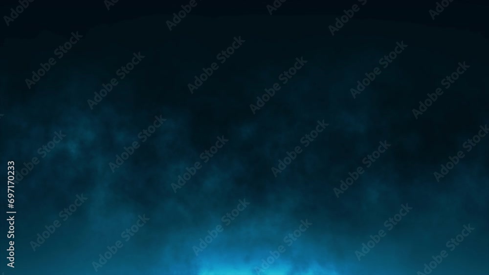 Poster blue color focus overlay blur light passing into fire smoke slowly floating in steam moving loop on 