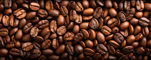 Fototapeta premium Coffee beans top view. panorama photo.