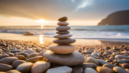 Fototapeta premium Tranquil Beach Stone Stacks: A Symbol of Harmony and Balance