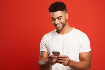 man looking at phone standing isolated on red background