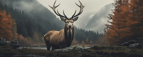 Majestic red deer in moutains. panorama photo. copy space for tex. - obrazy, fototapety, plakaty