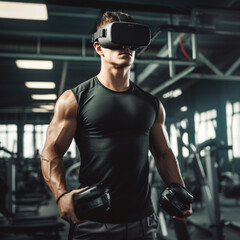 Fototapeta na wymiar Sportsman with VR glasses in the gym.