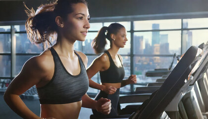 Fototapeta premium Active Women at the Gym: Fitness and Health Training with Cardio Machines