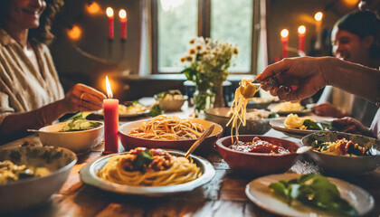 Fototapeta premium Joyful Feast: Celebrating Friendship and Good Food with Family and Friends