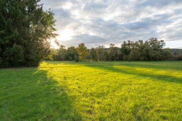 Obraz premium Tief stehende Sonne über Wald und Feld