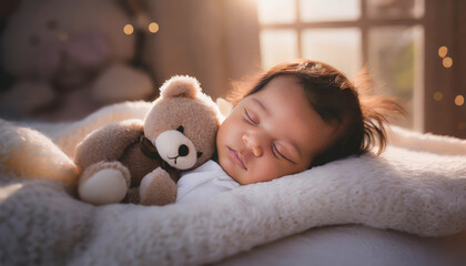 Sweet Dreams: Adorable Baby Sleeps Peacefully with Teddy Bear in White Bedroom