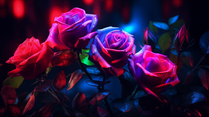 beautiful card with roses on a dark background with vibrant neon lighting