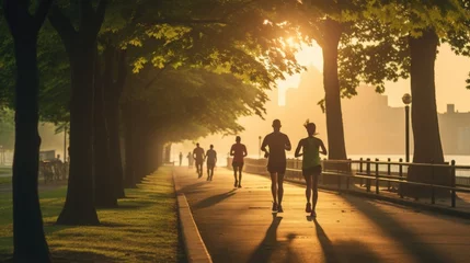 Gordijnen Runners running at sunset in the park during summer time © Fly Frames