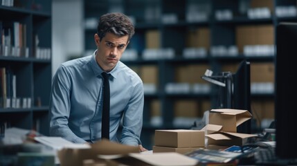 Sad dismissed worker taking his office supplies with him
